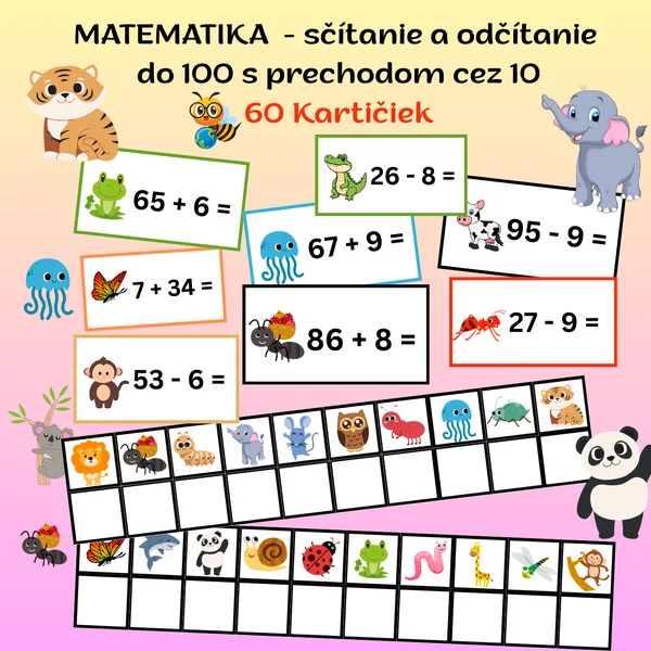Matematické behacie príklady - sčítanie a odčítanie do 100 s jednociferným číslom s prechodom cez 10