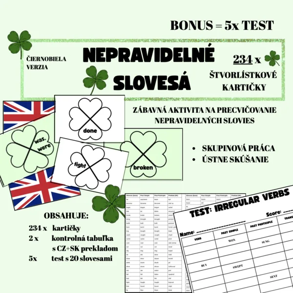 Nepravidelné slovesá: Štvorlístkové kartičky