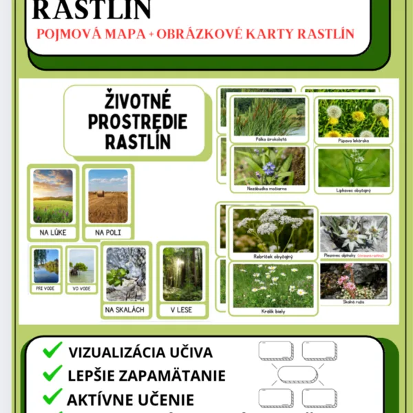 ŽIVOTNÉ PROSTREDIE RASTLÍN - pojmová mapa + obrázkové karty rastlín