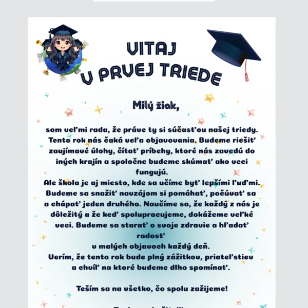 Uvítacie listy pre žiakov od 1. - 4. ročníka