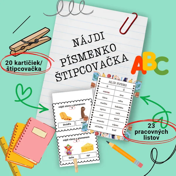 Nájdi písmenko / grafomotorika, abeceda, štipcovačka, písmená, slovná zásoba, čítanie