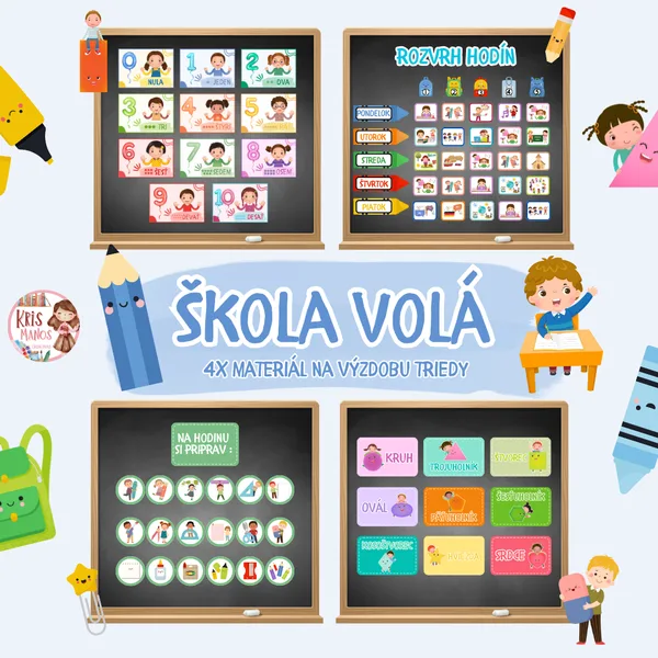 Škola volá - obrázkový rozvrh hodín, počítanie 0-10, geometrické útvary, pomôcky na hodinu