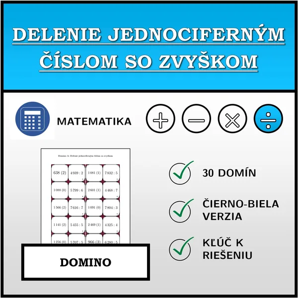 Domino - Delenie jednociferným číslom so zvyškom | matematika