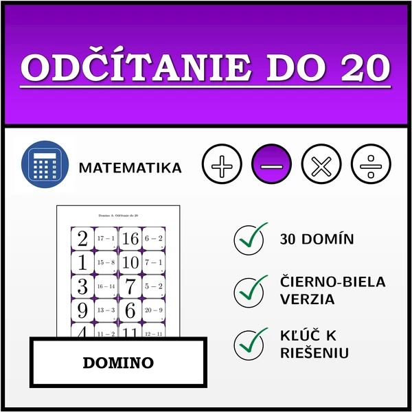 Domino - Odčítanie do 20 | matematika