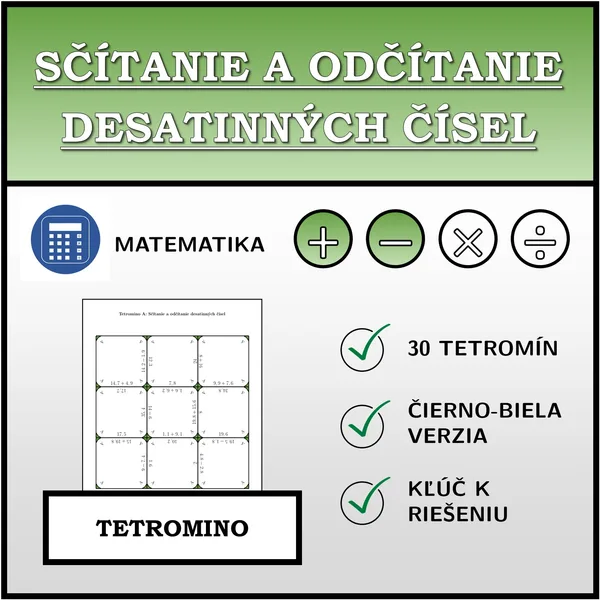 Tetromino - Sčítanie a odčítanie desatinných čísel | matematika