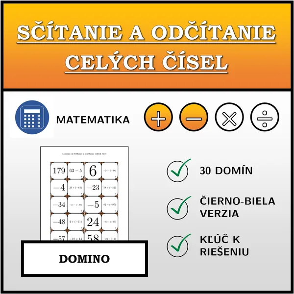 Domino - Sčítanie a odčítanie celých čísel | matematika