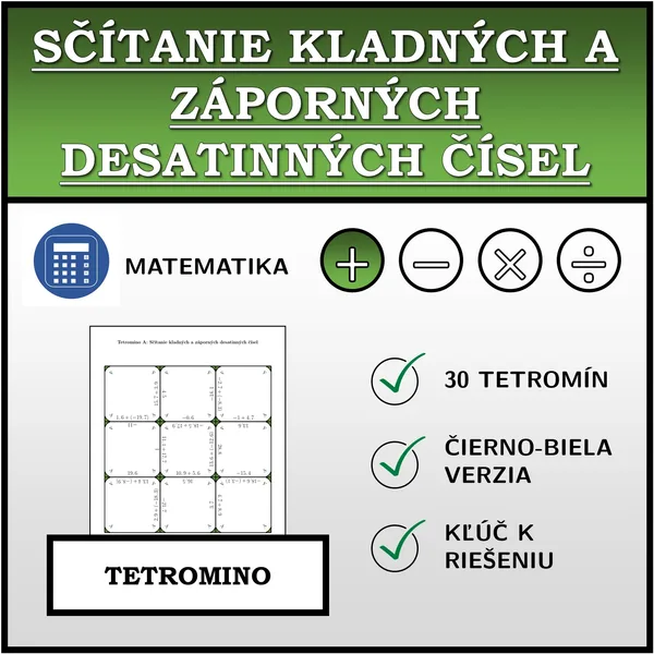 Tetromino - Sčítanie kladných a záporných desatinných čísel | matematika