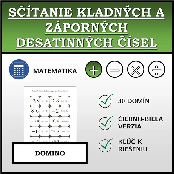 Domino - Sčítanie kladných a záporných desatinných čísel | matematika