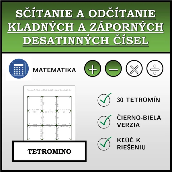 Tetromino - Sčítanie a odčítanie kladných a záporných desatinných čísel | matematika