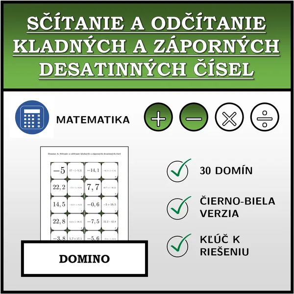 Domino - Sčítanie a odčítanie kladných a záporných desatinných čísel | matematika