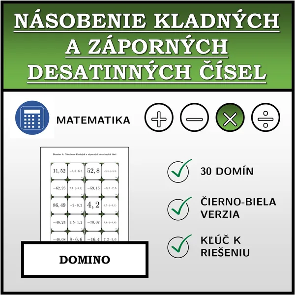 Domino - Násobenie kladných a záporných desatinných čísel | matematika