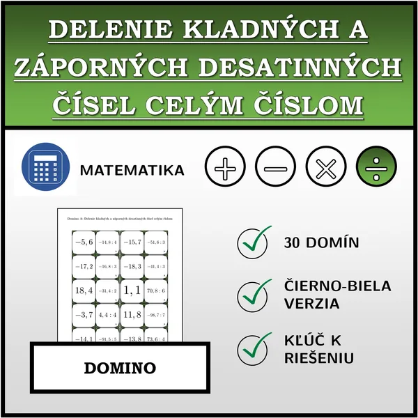 Domino - Delenie kladných a záporných desatinných čísel celým číslom | matematika