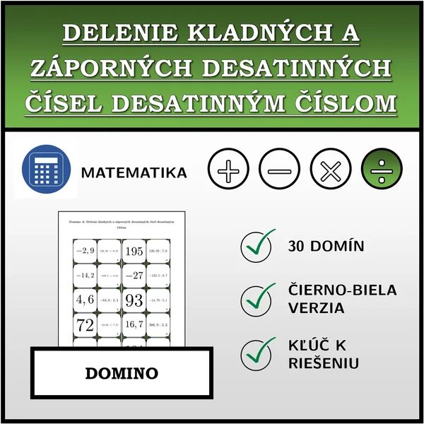 Domino - Delenie kladných a záporných desatinných čísel desatinným číslom | matematika