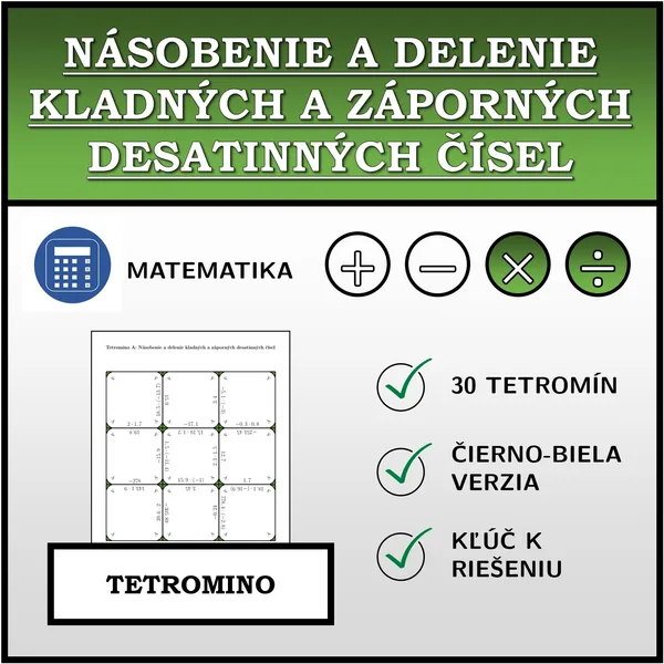 Tetromino - Násobenie a delenie kladných a záporných desatinných čísel | matematika
