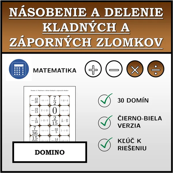 Domino - Násobenie a delenie kladných a záporných zlomkov | matematika