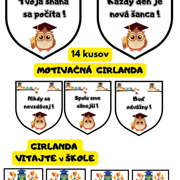 Výzdoba triedy motivačná girlanda so sovičkami + nadpis Vitajte v škole
