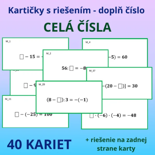 Kartičky s riešením – Celé čísla (záporné) – doplň číslo tak, aby platila rovnosť 