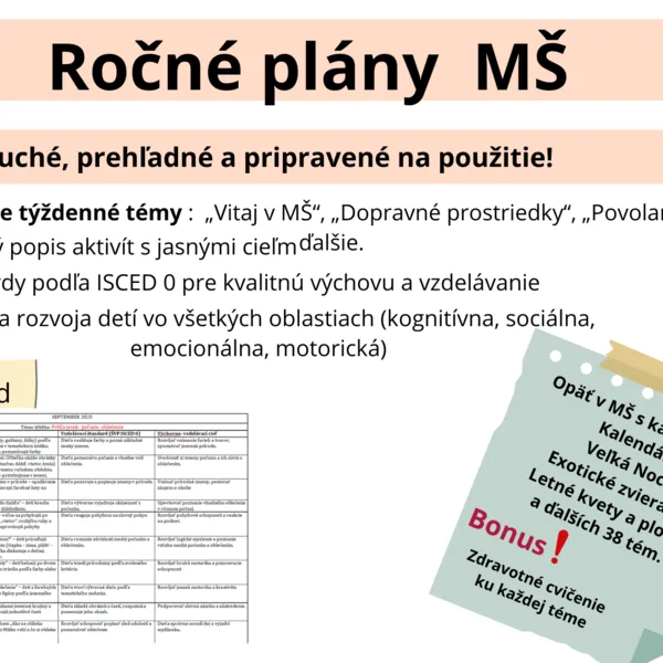 Ročné plány MŠ pre mladšiu vekovú skupinu 3-4 ročné deti.