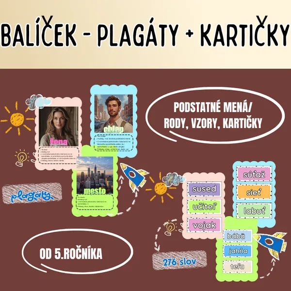 Balíček - plagáty +kartičky vzorov podstatných mien / podstatné mená, zaraďovanie, kartičky, postreh