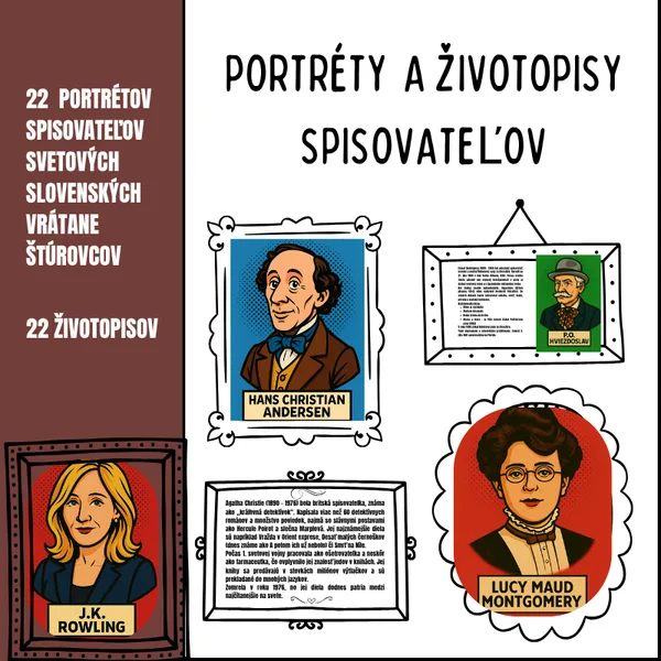 Portréty spisovateľov a ich životopisy/ portréty, životopisy, nástenka, výzdoba, knižnica, chodba