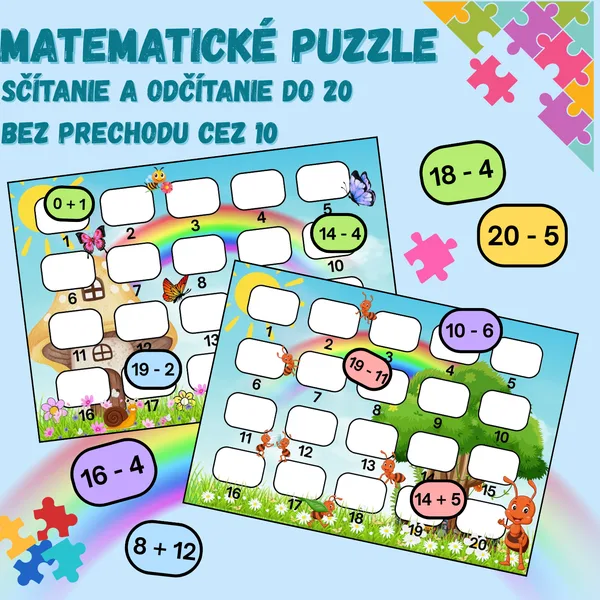 Matematické puzzle - sčítanie a odčítanie do 20 bez prechodu cez 10
