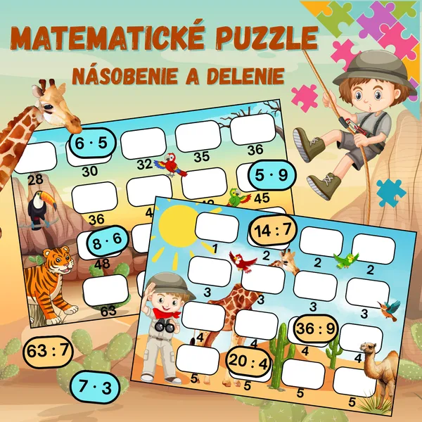 Matematické puzzle - násobenie a delenie, bádatelia, safari