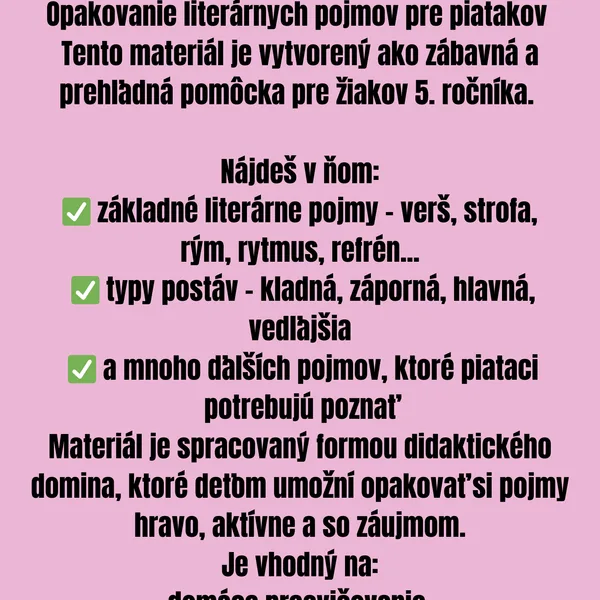 Opakovanie - literatúra 5. ročník - DOMINO - pojmy