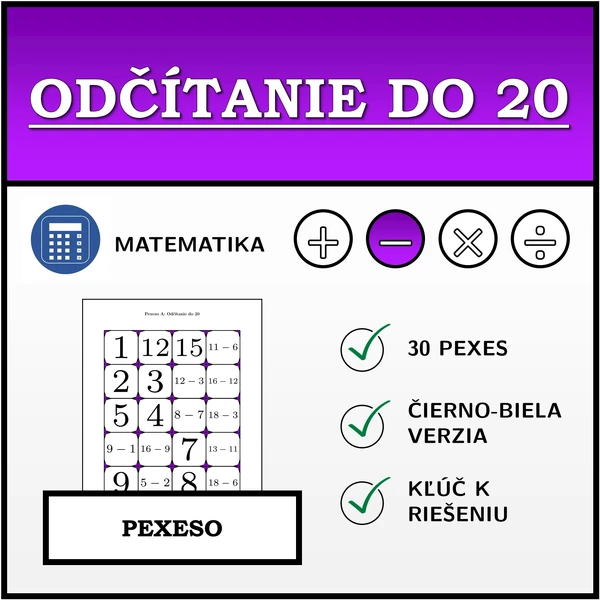 Pexeso - Odčítanie do 20 | matematika