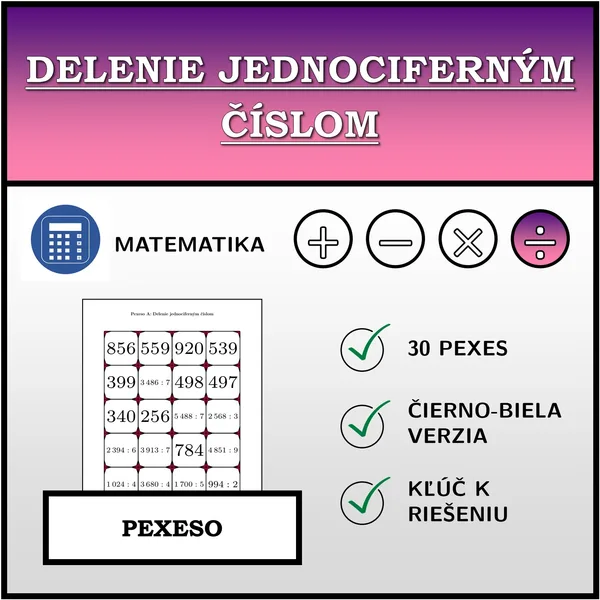 Pexeso - Delenie jednociferným číslom | matematika