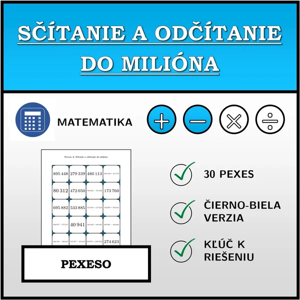 Pexeso - Sčítanie a odčítanie do milióna | matematika