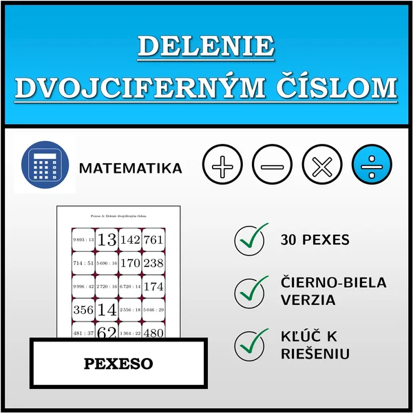 Pexeso - Delenie dvojciferným číslom | matematika