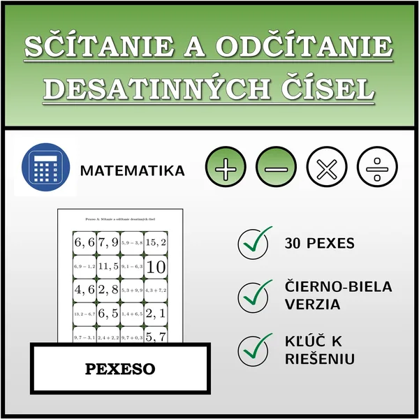 Pexeso - Sčítanie a odčítanie desatinných čísel | matematika