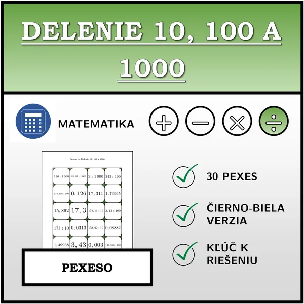 Pexeso - Delenie 10, 100 a 1000 | matematika