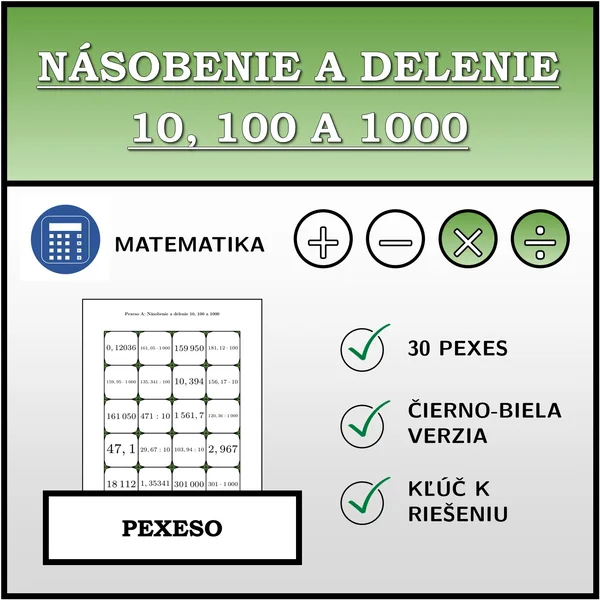Pexeso - Násobenie a delenie 10, 100 a 1000 | matematika
