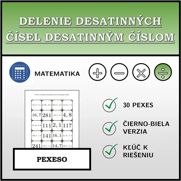 Pexeso - Delenie desatinných čísel desatinným číslom | matematika