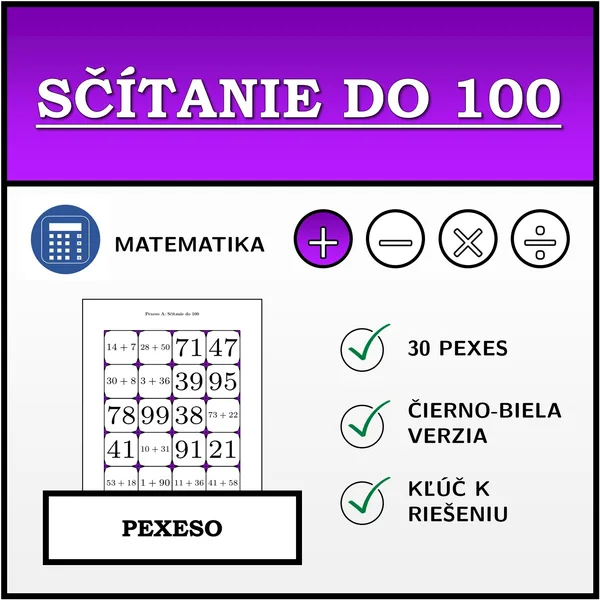 Pexeso - Sčítanie do 100 | matematika