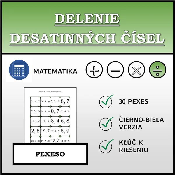 Pexeso - Delenie desatinných čísel | matematika