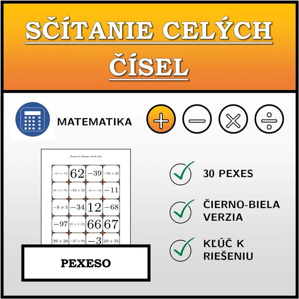Pexeso - Sčítanie celých čísel | matematika
