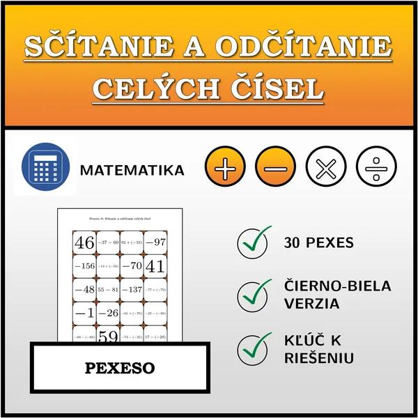 Pexeso - Sčítanie a odčítanie celých čísel | matematika