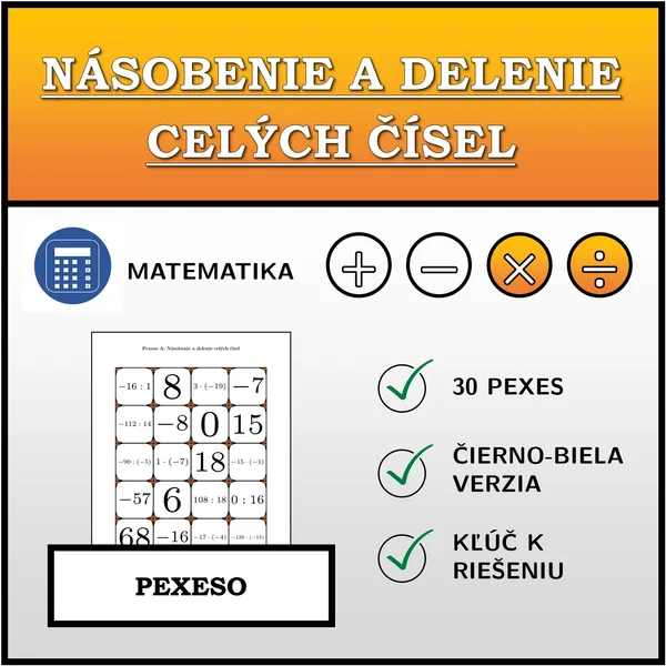 Pexeso - Násobenie a delenie celých čísel | matematika