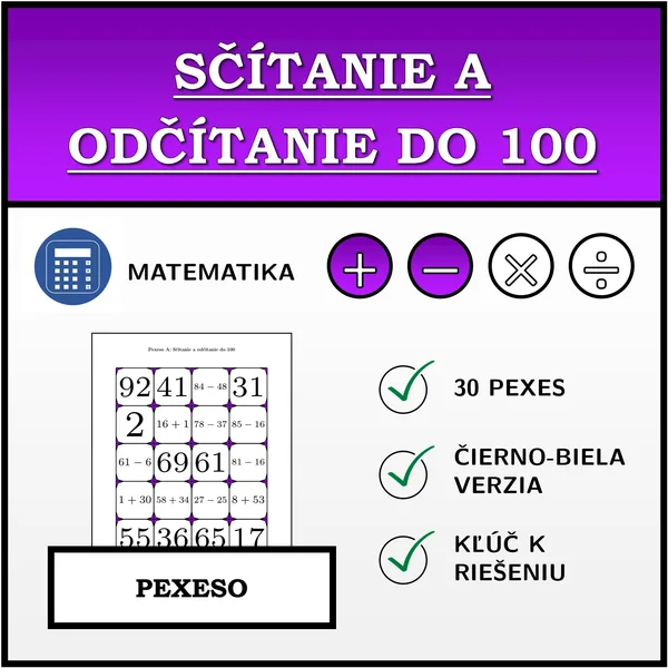 Pexeso - Sčítanie a odčítanie do 100 | matematika