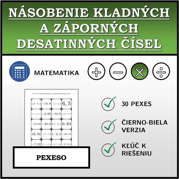 Pexeso - Násobenie kladných a záporných desatinných čísel | matematika