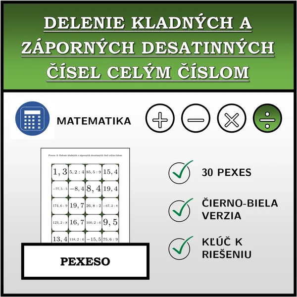 Pexeso - Delenie kladných a záporných desatinných čísel celým číslom | matematika