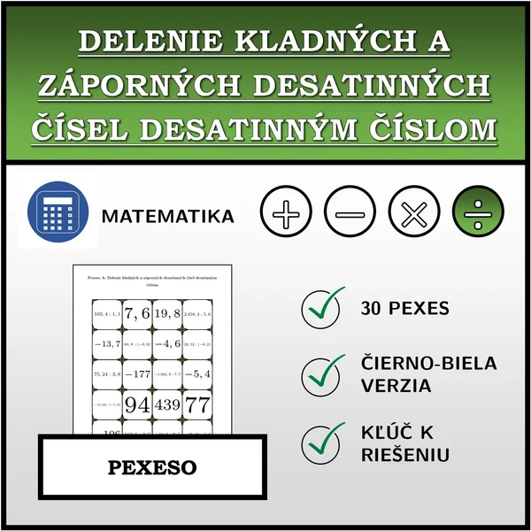 Pexeso - Delenie kladných a záporných desatinných čísel desatinným číslom | matematika