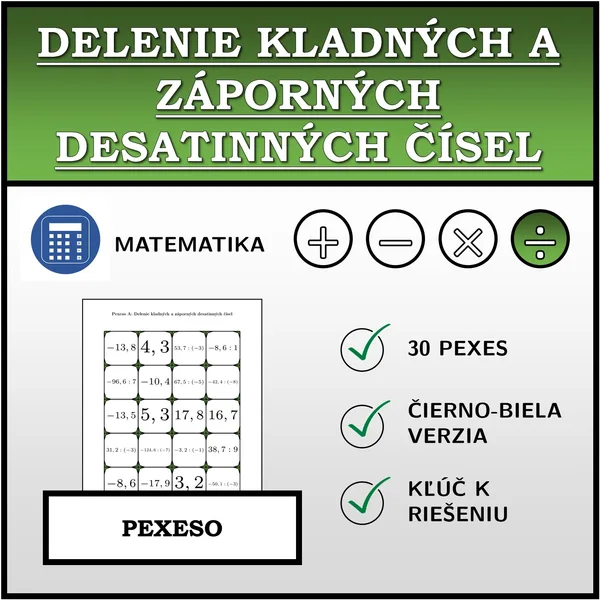 Pexeso - Delenie kladných a záporných desatinných čísel | matematika