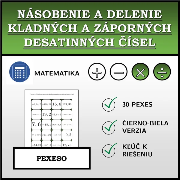 Pexeso - Násobenie a delenie kladných a záporných desatinných čísel | matematika