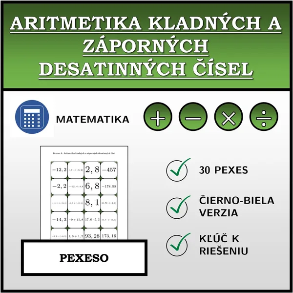 Pexeso - Aritmetika kladných a záporných desatinných čísel | matematika
