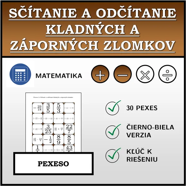 Pexeso - Sčítanie a odčítanie kladných a záporných zlomkov | matematika