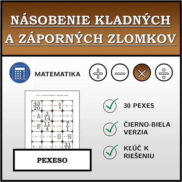 Pexeso - Násobenie kladných a záporných zlomkov | matematika