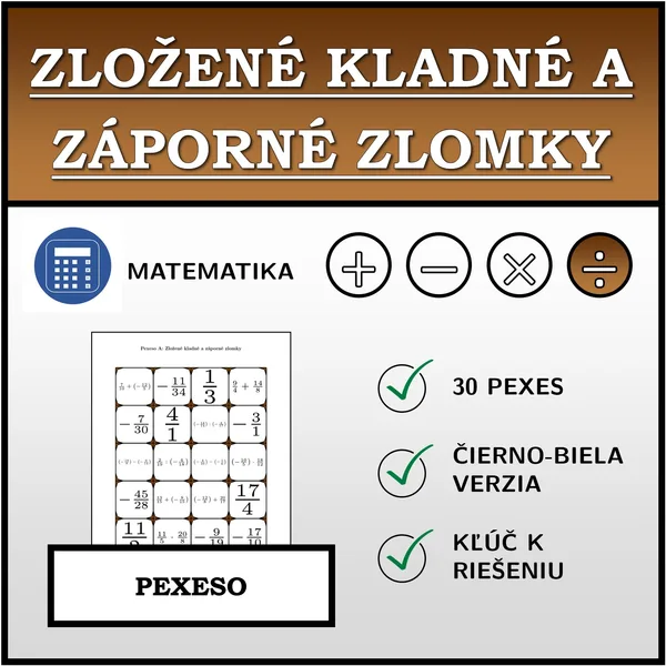 Pexeso - Zložené kladné a záporné zlomky | matematika